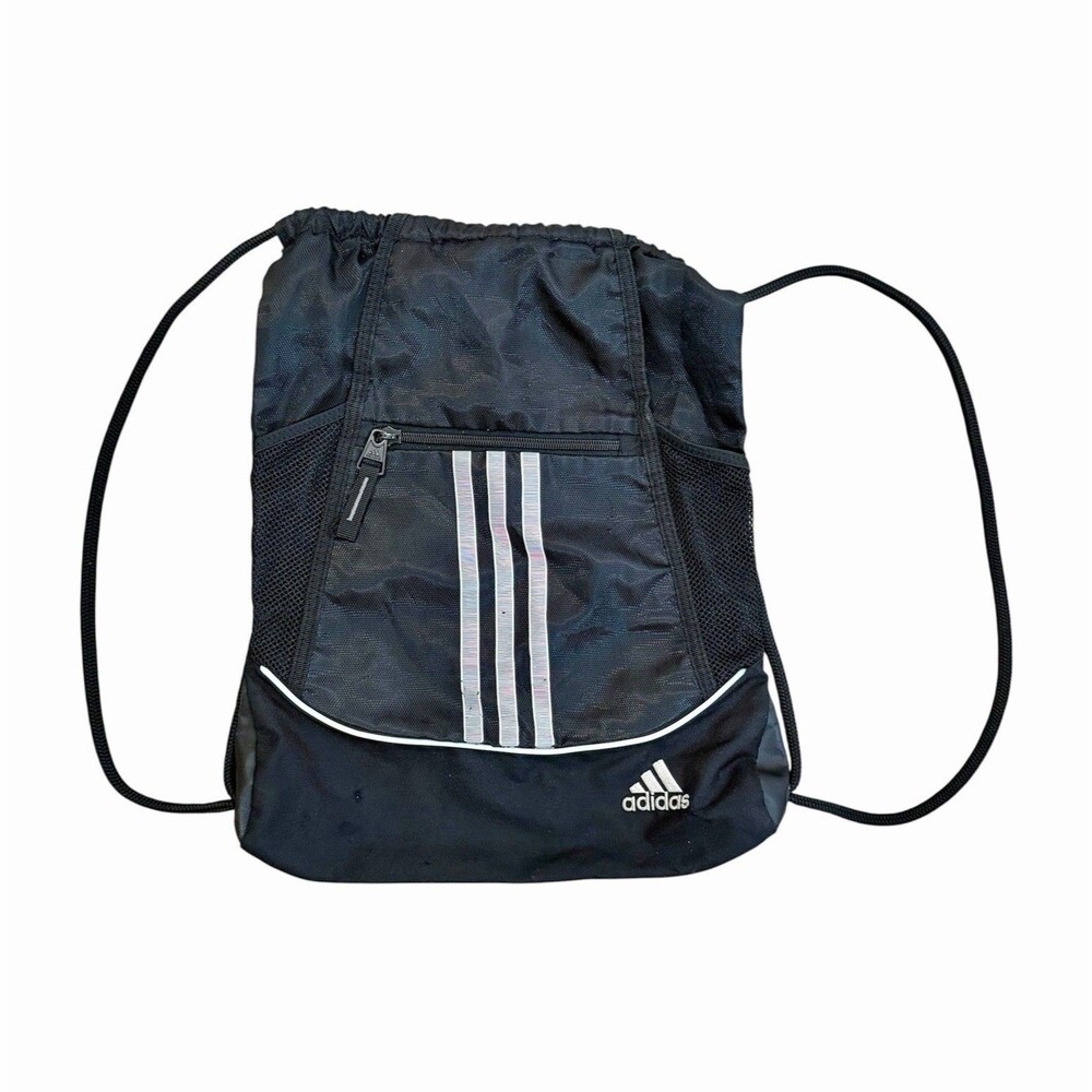 adidas Alliance Drawstring Gym Bag 15L Black w/ Logo, Reflective, Front Zip